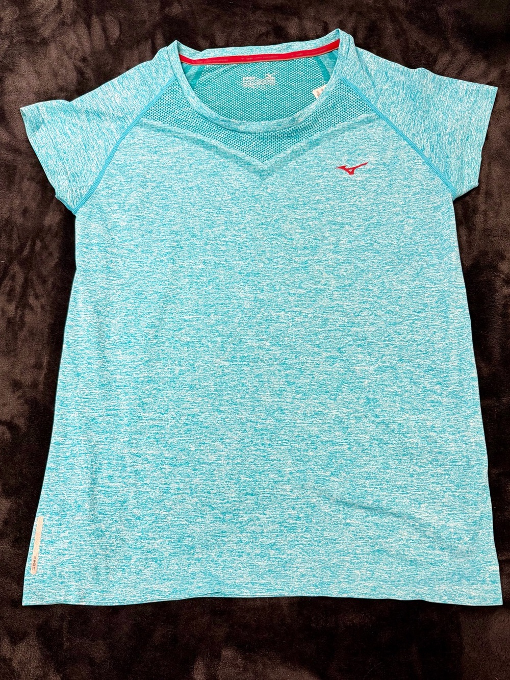 Mizuno women’s ' Heather Aqua Short Sleeve Athletic Tee with Red Logo